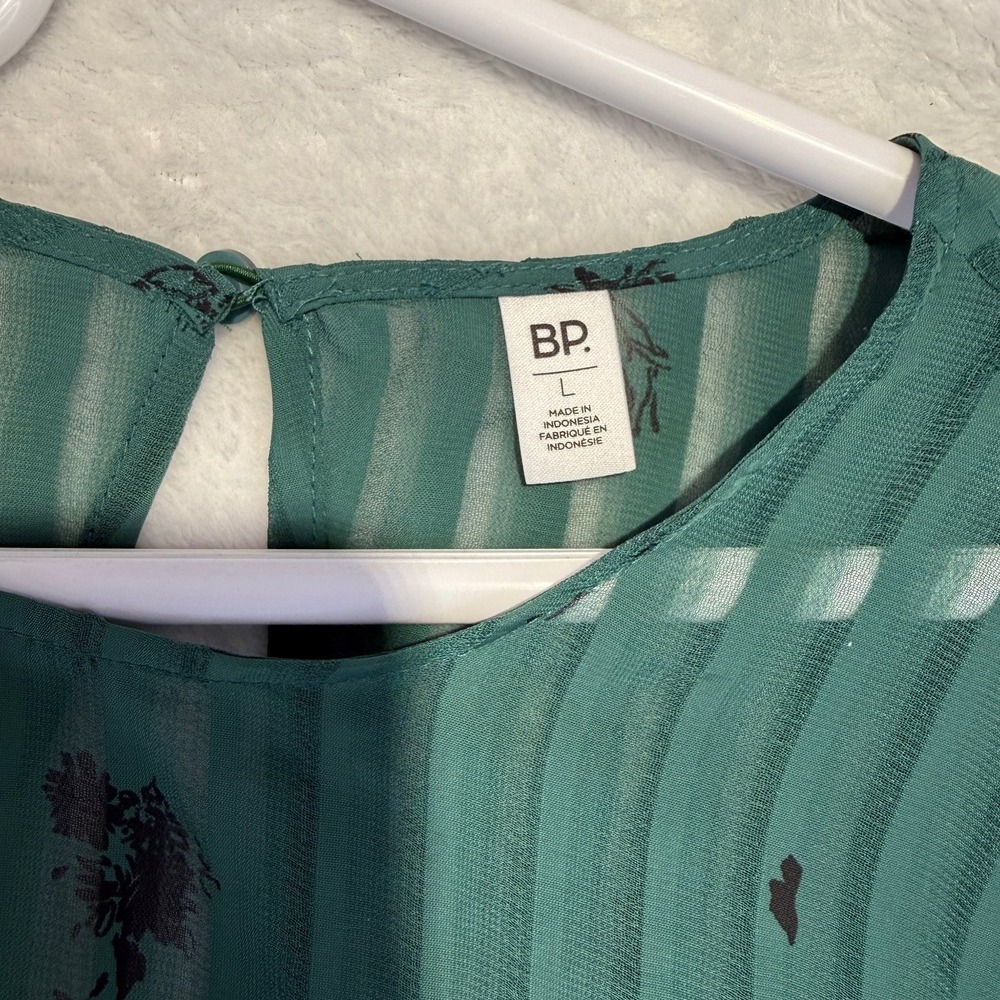 BP Sheer Blouse L Green Floral Ruffle Sleeve Romantic Cottagecore - Picture 3 of 4